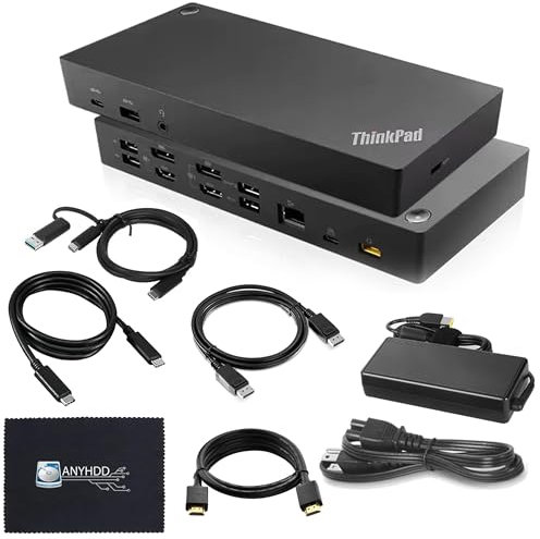 ANYHDD 40AF0135US Thinkpad - Estación de acoplamiento dual para monitor - USB C con USB-A + adaptador USB tipo A + cables HDMI y DisplayPort + USB-C + paño de microfibra (Negro)