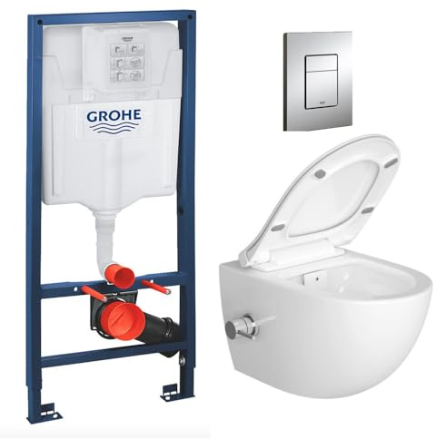 WC Suspendu Pack Complet Accessoires - Pack WC Grohe Bâti-support Grohe Rapid SL, WC sans bride avec fonction bidet thermostatique, Plaque chrome, Abattant WC,Cuvette Toilette, Chasse d'eau, Mécanisme