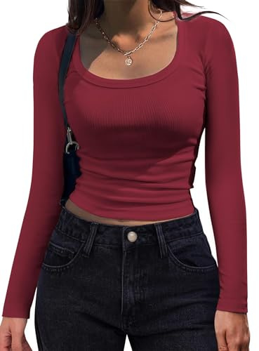 Hotouch Maglietta Manica Lunga Donna Righe Cotone Girocollo Stretch T Shirt Elegante Manica Lunga Slim Fit Top Bordeaux S