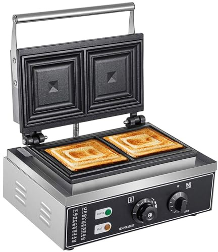 Sándwichero eléctrico, parrilla, tostadora, waffle 1500 W, 0-5 minutos, temporizador para hogares y empresas, calentamiento rápido, temperatura ajustable, asa extraíble para sándwiches, hamburguesas