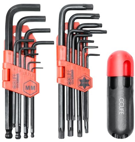 CCLIFE 18 Piezas Juego de Llaves Allen Profesionales Torx con Mango Llaves Hexagonales con Extremo en Forma de Bola 1,5mm-10mm T10-T50 Cr-V Negro