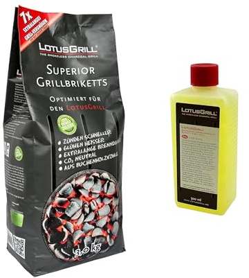 1 x LotusGrill Superior BBQ Briquettes 3 kg + 1 x LotusGrill Fire Paste 500 ml - CO2 Neutral, Burns Fast, Burns Time