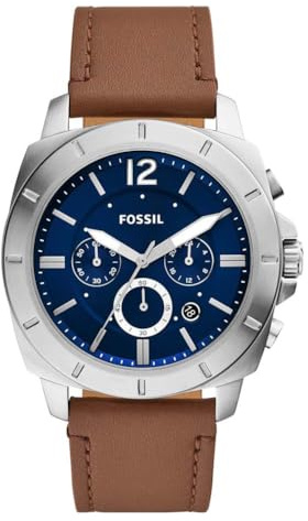 Fossil Privateer BQ2819 - Orologio cronografo in pelle marrone, Argento, BQ2819-AMZUK