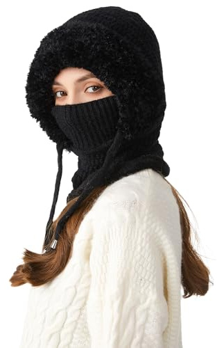 FEOYA Damen Thermal Balaclava Fleece Mütze Kreis Schal Set Weiche Warme Wintermütze mit Fleecefutter Winddichte Skimütze 2 in 1 Strickmütze Outdoor