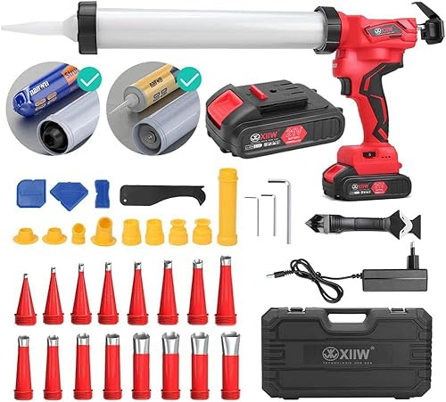 38tlg Akku Kartuschenpresse Set, bis zu 7.840N, mit 2x Li-Ion-Akku | Silikonspritze für 310 ml Kartuschen, 6-stufig Einstellbar, Schubgeschwindigkeit 0-32 mm/s, Kartuschenpistole