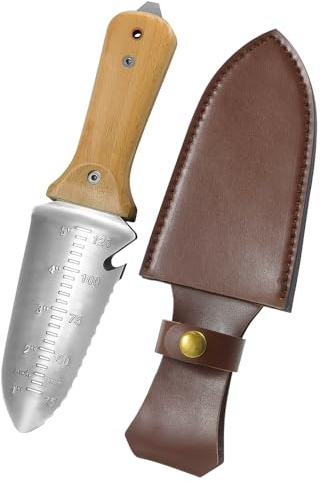Minamino 5 Zoll feste Klinge Mehrzweck-Hori-Hori-Gartenmesser mit Lederscheide und Wetzstein, komfortablerer Holzgriff