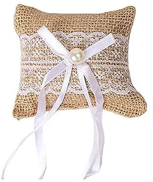 Ldabrye Romantics Spitzen-Kissen für Hochzeitsringe, rustikale Jute-Ringe, Kissen, Strandringe, Träger, Schleife, Perlenringe, Kissen für Damen
