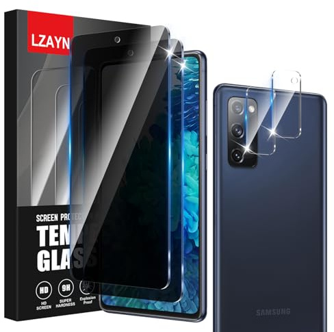 LZAYN 2+2 Pack Blickschutzfolie für Samsung Galaxy S20 FE, 2 Panzerglasfolie + 2 Stück Kameraobjektivschutz, 9H Härte, Anti-Kratzen, Hülle kompatibel, Anti-Spy Glasschutz