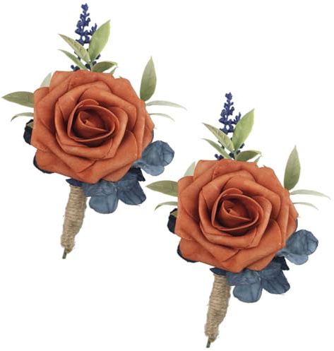 Rinlong 2Pcs Navy Terracotta Boutonnieres for Men Wedding Groom Artificial Flower Fall Boho Burnt Orange Boutonniere Groomsmen Boutineer Prom Homecoming Accessories