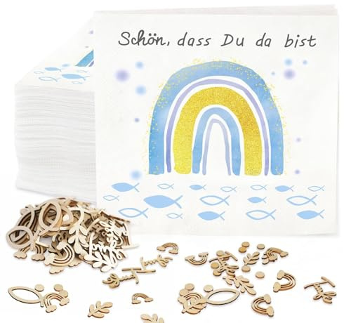 Servietten Konfirmation Regenbogen-Fisch - 36 Stk Taufe Deko Junge + 60 Stk Holz-Fische Tischdeko, Schön, dass du da bist Kommunion Deko Set Erstkommunion Taufdeko, 33 x 33cm