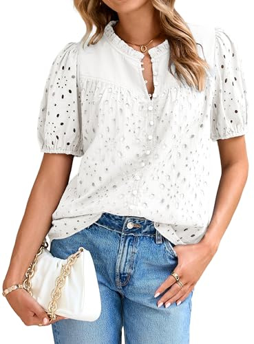 Glamaker Womens Summer Tops Blouse 2026 Casual Short Sleeve V Neck Buttons Hollow Out Lace Embroidered Babydoll Blouses Shirts (White M)