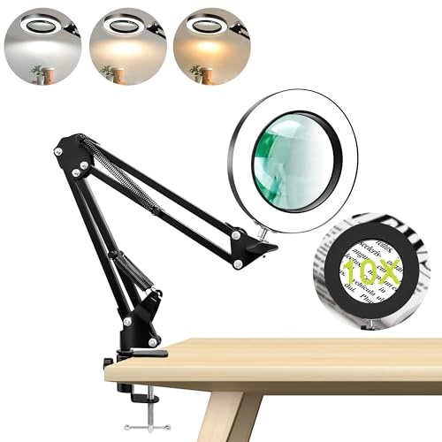 Lupe mit Licht und Klemme, 10x Lupenleuchte mit 3 Farbmod Dimmbare