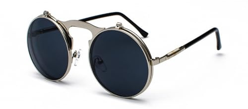 qinqilanqi-S Steampunk Flip Up Sonnenbrille - Runde Metall Brille für Motorrad/PC (UV400)
