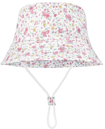 FenFang Solhatt för barn flicka med stor brätte, sommar nyfödd fiskarmössa, bomull buckethatt, fisherman tecknad keps dinosaurie strand 1 2 3 4–8 år, Rosa blomma, 52