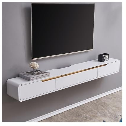 Banc TV Meuble TV Flottant Moderne, Console TV Murale en Bois avec Armoire à Porte Rabattable et 2 tiroirs, Centre de Divertissement Flottant Peu encombrant, Bois d'hévéa Meuble TV(Blanc,150x24x20cm)
