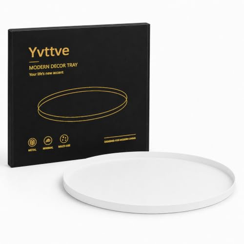 Yvttve Tablett Rund Weiß mit 3 Anti Rutsch | Rundes Serviertablett Deko Design Dekotablett und Dekoteller aus Metall für Adventskranz Teller (Weiß, Ø 40 cm)