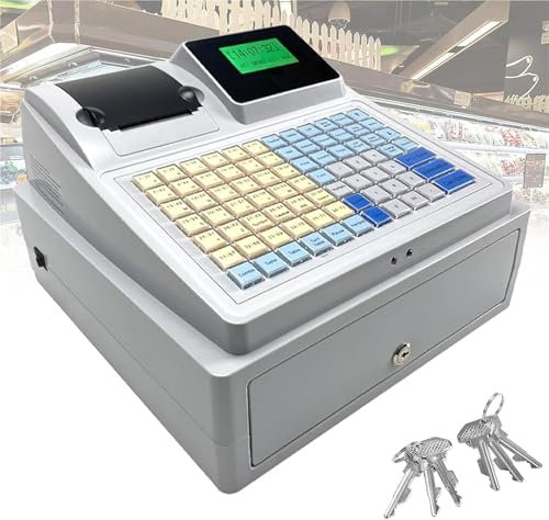Elektronische Kasse Registrierkasse mit Abschließbarer Schublade 48 Schlüssel POS Casher Kassensystem Digital LED Anzeige für Einzelhandel Restaurant Sprache (Englisch)