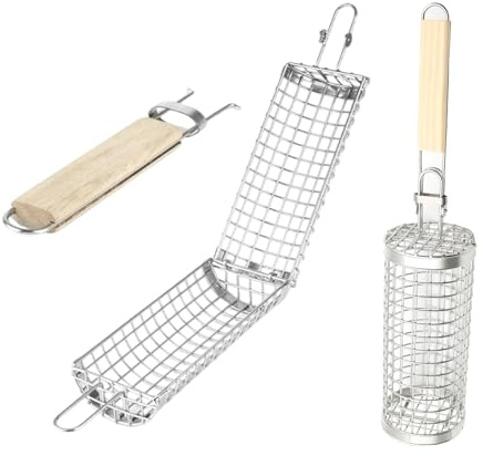 Roll-Grillkorb, Roll-Grillkörbe, Nidium-Körbe, Grillkorb für Gemüse | 2-teiliges Grillwerkzeug-Set aus Edelstahl mit Holzgriff für Camping im Freien
