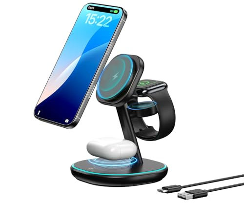 3-in-1 Charging Station, 2X Faster 15W Wireless Charging Station for iPhone 16/15/14/13/12, for Apple Watch, AirPods, Magnetic Wireless Charger with Sleep Friendly Light (Black)