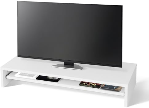 Monitor Stand for Desk, Wooden Desk Riser, Ergonomic Monitor Riser,Computer TV Stand Monitor, Desktop Storage Organiser for iMac, PC, Laptop, Printer, Office Supplies, 85x30x15cm, White,20kg Capacity