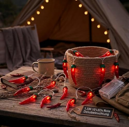 Milisten 1.5M Chili Lichterkette LED - Batteriebetriebene Peperoni Girlande für Camping und Garten - 10 LEDs Rote Dekobeleuchtung für Festival und Terrasse