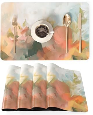 QIYI Platzsets Kunstleder 4er Set – PU Tischsets 45×30 cm, wasserdicht, öl- & hitzebeständig, rutschfest, für Küche, Esstisch, Innen & Außen, abstraktes Pastell-Ölgemälde im Impressionismus