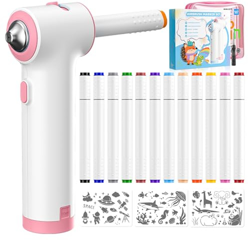 YAOBLUESEA Airbrush Marker Set, mit 12 Abwaschbare Doppelspitzen Textilmarker, Farben sprühen für Kinder, Malen Graffiti Kunstmalerei DIY-Handwerk, Pink