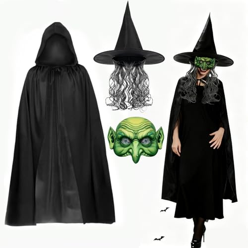 Faschingskostüme Hexenkostüm Damen Umhang Schwarz mit kapuze Grüne Hexe-Masken Hexenhut Mit Haar Halloween Hexenmaske Halloween Schwarze Hexe Kostüm Damen für Cosplay Fasching Karnevalskostüme