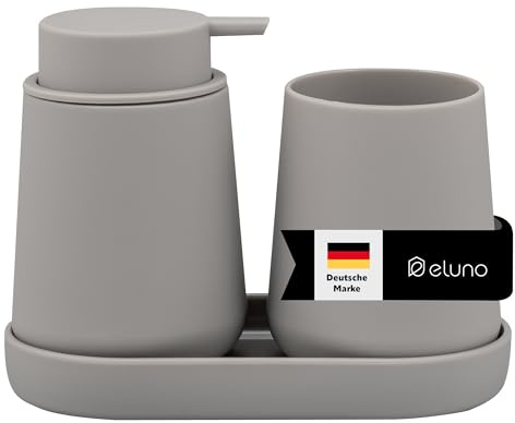 eluno Badezimmer-Set TESERO mit Soft-Touch Oberfläche, Bad-Accessoires Set 3tlg. bestehend aus 1x Seifenspender, 1x Becher und 1x Schale, ideal für Badezimmer und Küche aus Kunststoff (Taupe)
