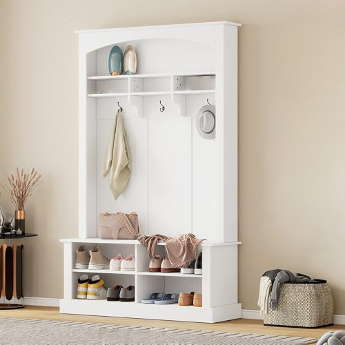 LAKFEW Garderobe mit Sitzbank, Flurgarderobe mit Offenem Stauraum und Regal, Garderobenschrank Flur mit 3 Hängenden Haken, Garderobenset Flurgarderoben Set, Flur Möbel, 190×40×120 cm, Weiß