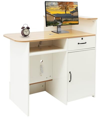 Wiyuer Comptoir de réception avec éclairage LED - Comptoir de réception en bois - Étagères surélevées en option à droite et à gauche - Supermarché Store Beauty Salon - Blanc (vue de l'intérieur)