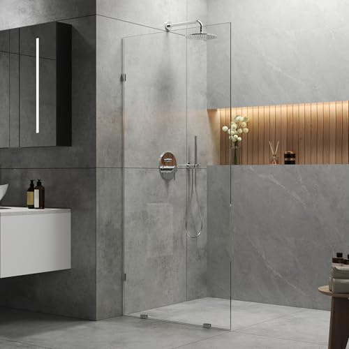DeerValley 34×74 Shower Glass Panel, 5/16'' (8mm) Thick Fixed Glass Shower Panel, Frameless Shower Screen for Walk in Shower, Tempered Glass Half Door with Stainless Steel Clamps (Silver)