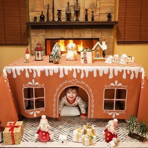 Gingerbread House Christmas Tablecloth,Xmas Playhouse Rectangular Large Table Cover Playhouse,Reusable Waterproof Stain-Resistant Open Table Tent for Kitchen Dining Party Decor(S)