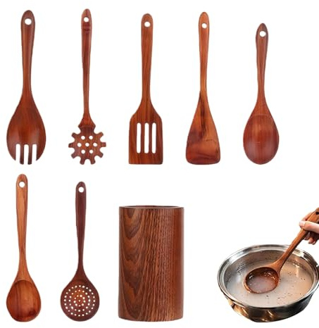 Juego De Utensilios De Cocina 8 Piezas Espátulas y Cucharón Resistente al | Utensilios De Cocina De Madera para Hogar Interior Barbacoa Reunión Viaje Preparación de