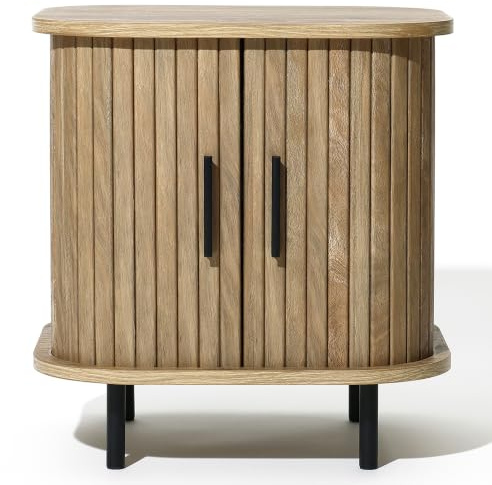 Hometopia Nachttisch Mid-Century aus Holzwerkstoff mit Rollladentür, Beistelltisch/Nachtkommode mit Stauraum, schwarzes Metallgestell, für Schlafzimmer & Wohnzimmer, 40 x 45 x 48cm