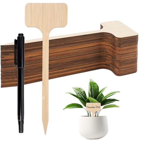 30 stycken växtskyltar av bambu, T-formade 17,8 × 6 cm växtpinnar tavla, växtskyltar väderbeständiga med markörpennor för att skriva för trädgårdar, krukväxter, växthus och balkongträdgårdar