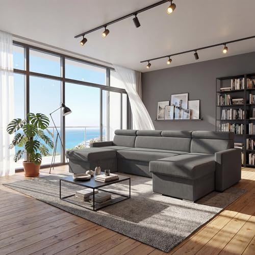 SOFILAND Vega U Ecksofa nach Maß | Breite anpassbar | Schlaffunktion 2 Bettkasten U-Form verstellbare Kopfstützen Samt-Stoff Best 305x151 cm (Graphit)
