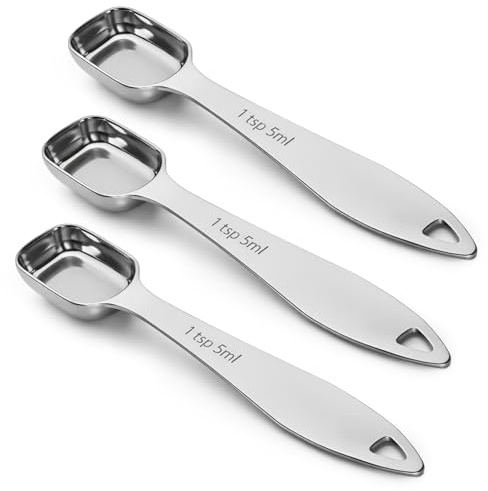 3 PCS 5ml 1 Teaspoon Stainless Steel Measuring Spoons, Long Handle Rectangular Individual Metal Spoons, Kitchen Gadgets for Cooking Baking