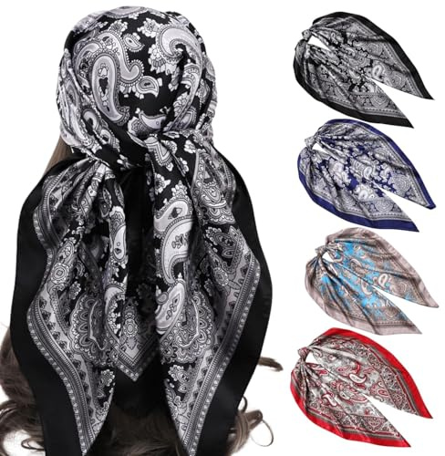 EVBOTGEE 4 Stück Kopftuch Damen, 90 x 90 CM Große Quadratische Schals, Bandana, Seidentuch, Halstuch Damen, Haartuch, Haarausfall, Haarband Weiblich, Weiche Boho Mehrfarbig