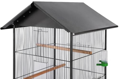 Teenpull Vogelkäfig mit Dach Stahl Schwarz 66x66x155 cm, rollbar mit Holzstangen, Metall Voliere für Papageien, Sittiche, Wohnzimmer Garten terrasse, artgerecht und kompakt