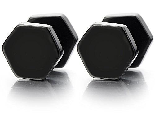 6MM Negro Hexágono, Enchufe falso Fake Plug, Pendientes de Hombre Mujer, Aretes, Acero Inoxidable, 2 Piezas