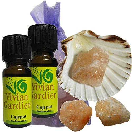 Cajeput ätherisches Öl naturrein 2 x 10ml aus kontrolliertem Anbau. 7 teiliges Aromatherapie Duft Set mit Muschel + 3 Salz Kristalle zum Beduften + Säckchen. 50020