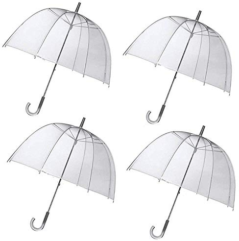 Unibos 4 x Set Rain Umbrellas Dome Birdcage Transparent PVC Wedding Brolly Clear White Handle And Spike Brolly Walking Ladies Mens Unisex Party Parasol Rain Bridesmaid Bridal