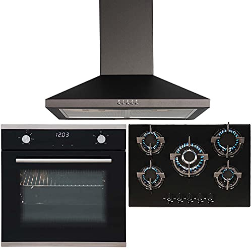 SIA Black Touch Control Single Oven, 5 Burner Gas Hob And Chimney Extractor Fan