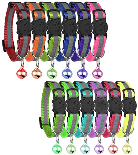 12PCS Katzenhalsband mit Glöckchen, Katzenhalsbänder mit Schnellverschluss, Reflektierend, mit Sicherheitsschnalle, Verstellbar 20–34 cm, Passend für Alle Hauskatzen, Welpen, Zubehör (Strip)