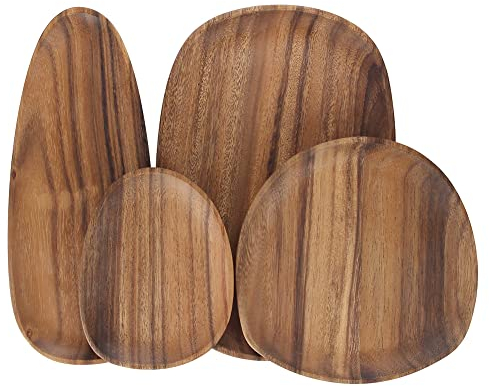 Juego de 4 bandejas para servir, plato redondo irregular de madera para aperitivos, queso, aperitivos, postre, sushi, fruta, ensalada, platos de madera