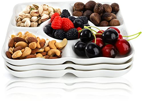 Okllen 3 Pack Porzellan Geteilt Servieren Tablett, Weiß Appetizer Tablett Platte für Chips und Dip, 5 Fächer Dekorative Obst Gemüse Tray Candy Snacks Gerichte, Quadratisch, 24 x 24 x 2,5 cm
