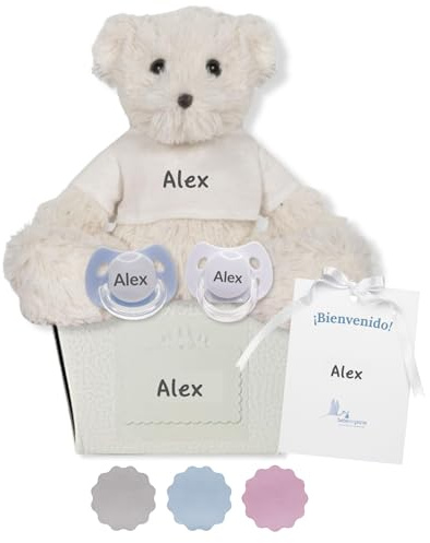 Schnuller für Babys, personalisierbar mit Namen, für Babys von 0-6 Monaten, BPA-frei, präsentiert in eleganter Vintage-Box (Blau, 2 Schnuller + Bär) | BebeDeParis