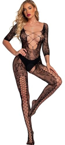 Bommi Fairy Women's Sexy Mesh Lingerie Mini Dress Badydoll Fishnet Lingerie Tights Chemise Nightwear for Romantic Date Long Sleeve One Size Dress Teddy