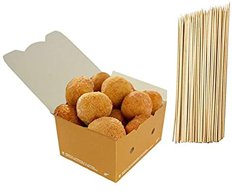 PZ 50 BOX AVANA IN CARTA BIO COMPOST + PZ 100 SPIEDINI IN LEGNO DA CM 15 IDEALE PER L'ASPORTO DI CIBI,FRITTURE,PANINI,PATATINE